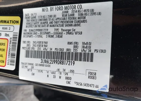 2013 Lincoln Mkz из США, поврежденный, VIN 3LN6L2J99DR817219